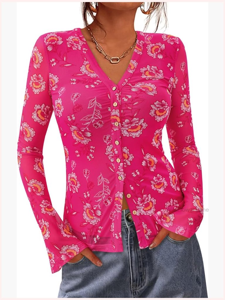 Boho Button Down Blouse V Neck Long Sleeve Mesh Top Ruched